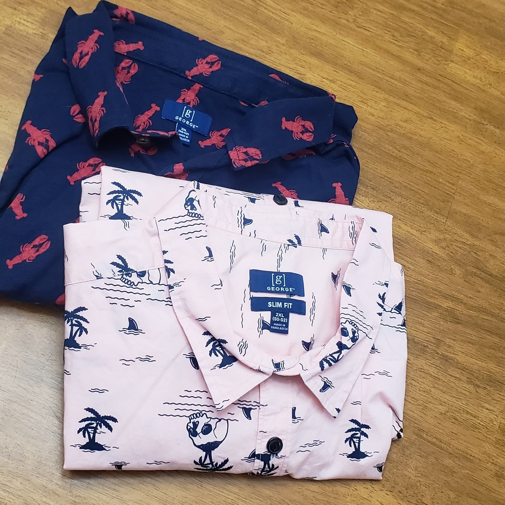 2 Men's Shirts Pink / Skulls And Sharks / Navy With Red Lobster Print 2xl Slim